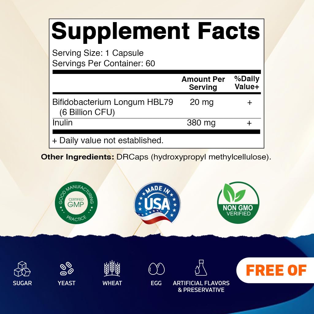 Vitamatic Bifidobacterium Longum 6 Billion CFU per DR Capsule - 60 Count - Promotes Intestinal Health - Made with Prebiotic Inulin Fiber