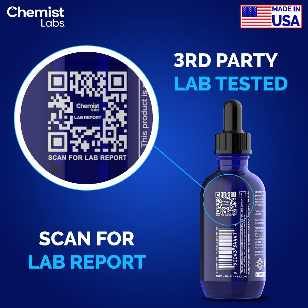 Chemist Labs Methylene Blue Drops Pharmaceutical Grade - 99% Purity USP Grade, Blue Methylene, Cellular & Mitochondrial Support, Third-Party Tested, Made in USA, 2oz