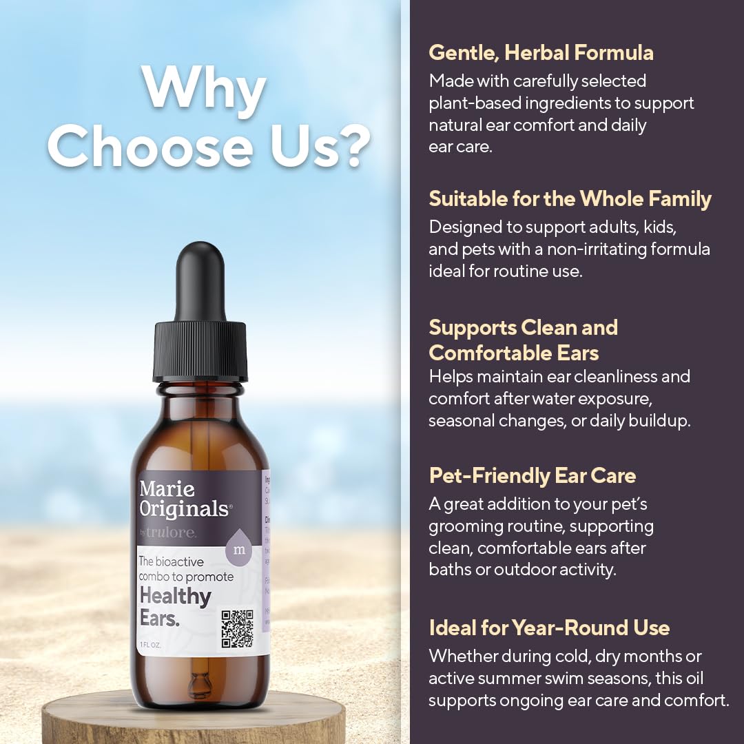 Marie Originals Natural Ear Oil Drops | Mullein Garlic Oil Ear Drops for Infection Prevention, Herbal Ear Ache Drops for Adults, Kids & Pets, Soothes Ear Pain & Wax Removal, Earache Remedies (1 Pack)
