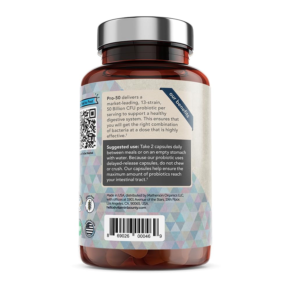Vitamin Bounty Pro-50 Probiotics 50 Billion CFU for Women & Men - 13 Multi Strain Probiotic + Prebiotic - Digestive Health Supplements for Gut Health Support - Delayed Release Capsules for Men & Women