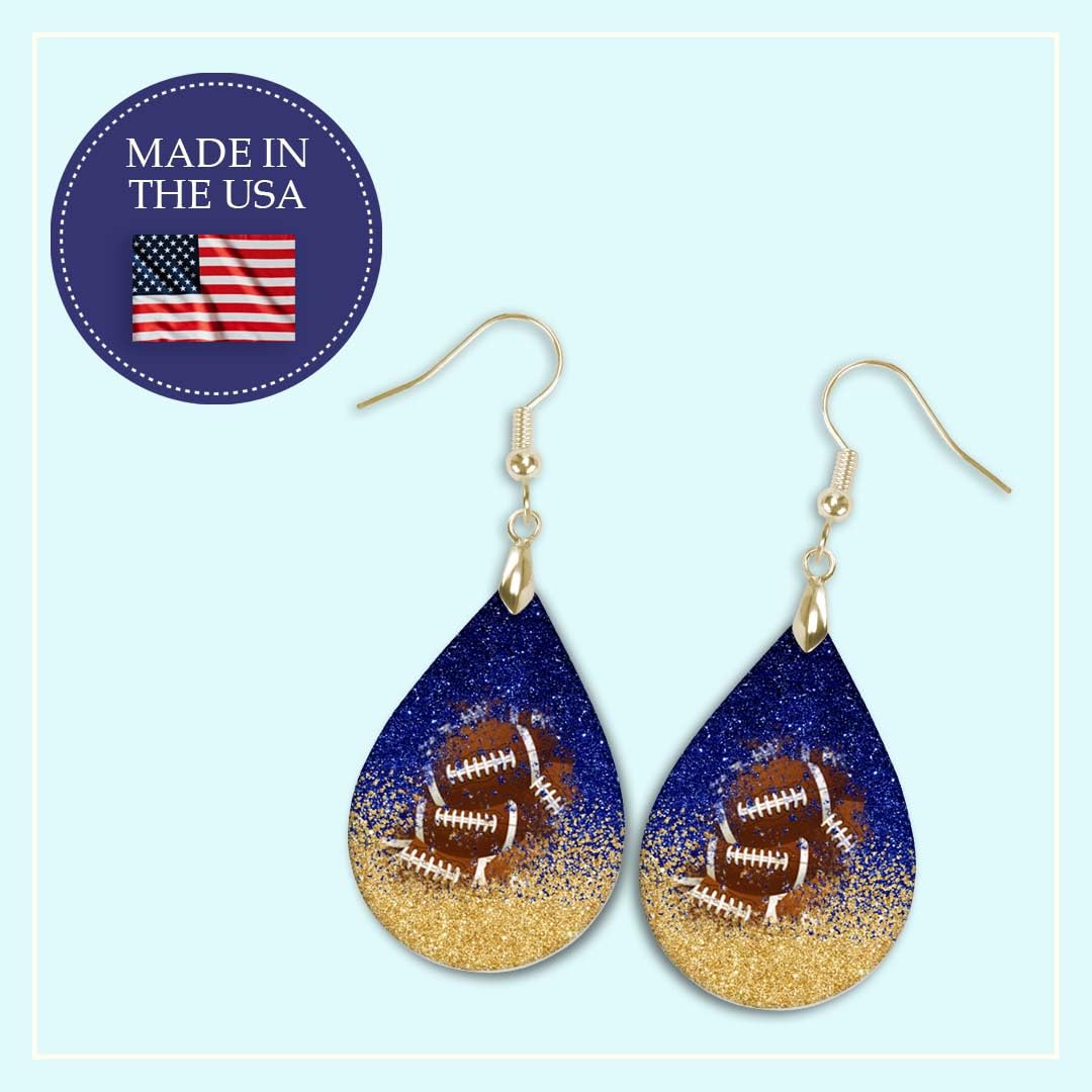 Football Dangle Earrings Blue & Gold Faux Glitter Teardrop Sports School Team Spirit Fan Jewelry Gift for Women Handmade by The Painted Pug (Blue and Gold Faux Glitter)