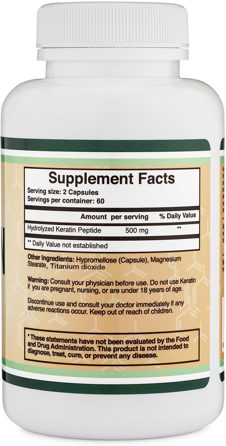 Keratin Hair Growth Vitamin (500mg per Serving, 120 Pills) Keratin Hair Treatment for Men and Women (Vital Protein for Hair, Skin, and Nails) Vitaminas para El Cabello, Vegan Safe by Double Wood