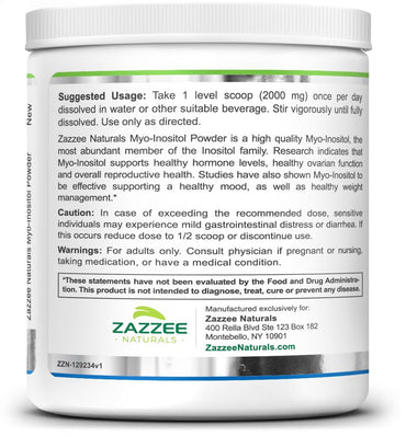 Zazzee Myo-Inositol Powder, 6 Month Supply, 183 Servings, 2000 mg per Serving, Free Scoop for Exact Dosage, 12.91 Ounces, 100% Pure, All-Natural Fertility and Reproductive Support, Vegan, Non-GMO