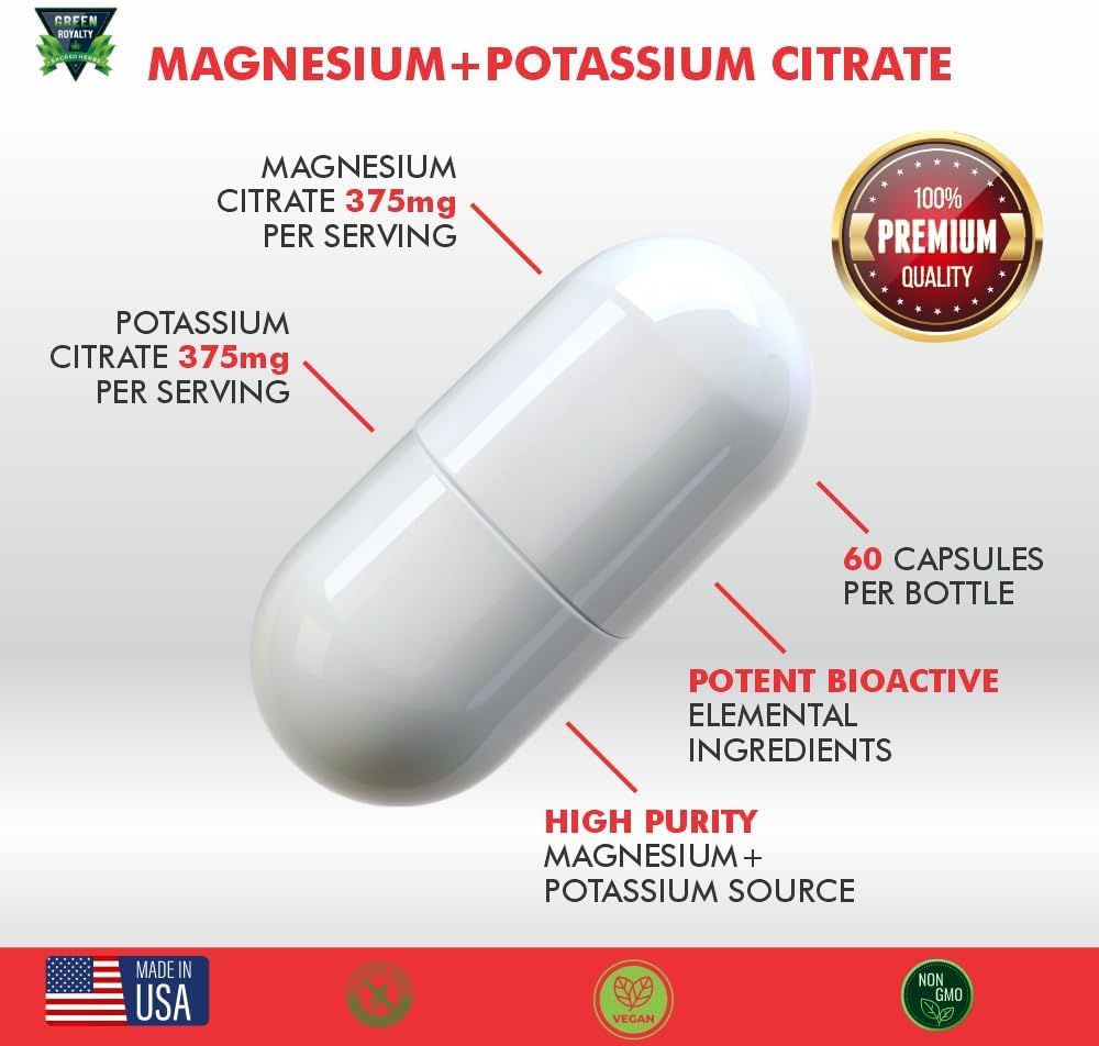 Magnesium Citrate + Potassium 60 Premium Vegan Capsules(Citrate 375 mg) + (375mg Potassium) Non GMO, Gluten Free - High Absorption Supplement Made in USA