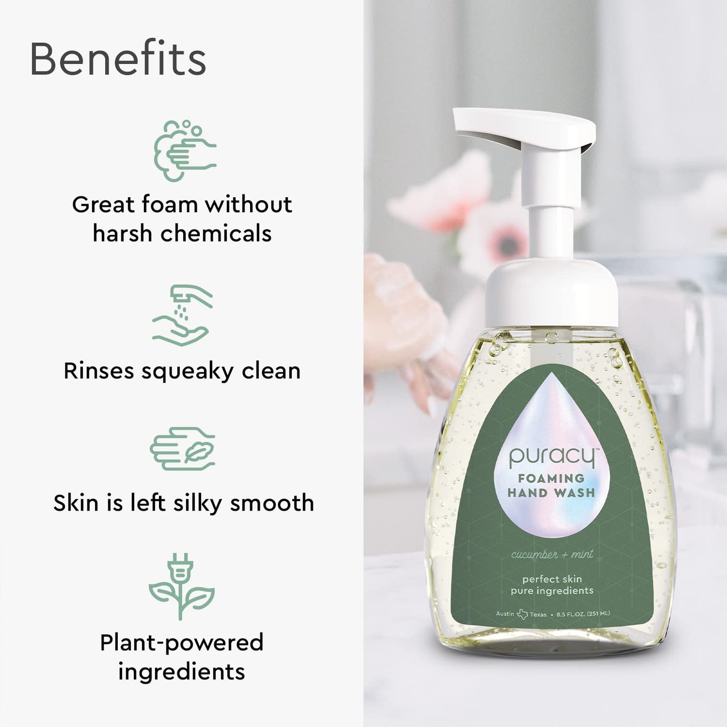 Puracy Foaming Hand Soap - Plant-Powered Natural Hand Soap As Seen on TikTok, Non-Toxic, Sulfate-Free Liquid Soap, Moisturizing Foam Handwash Liquid (Cucumber & Mint, 12 fl oz, 3-Pack)