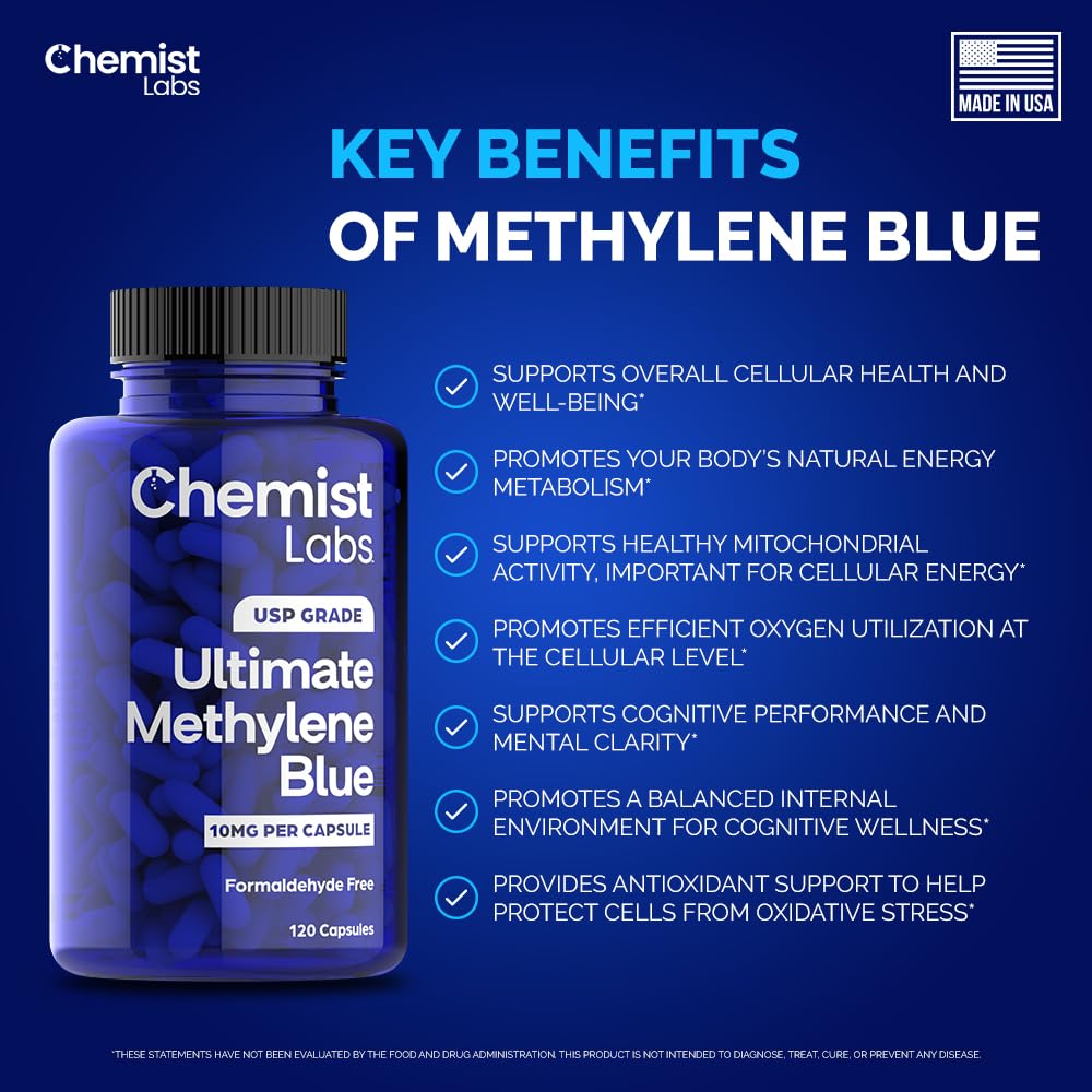 Chemist Labs Methylene Blue | 10mg USP Grade Capsules | 120 Count | Pharmaceutical Grade | Cellular & Mitochondrial Support | Formaldehyde Free | Made in USA (120 Capsules)