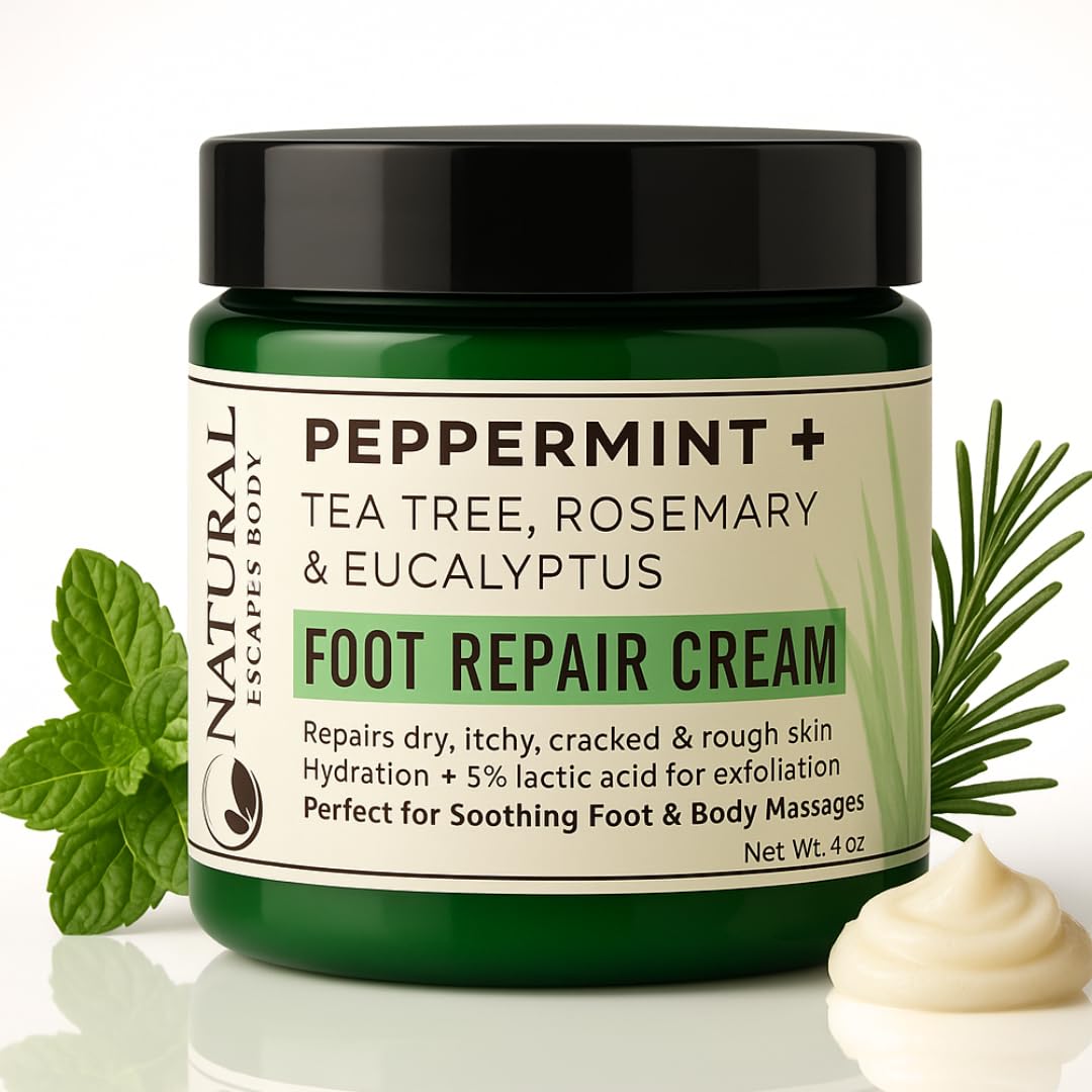 Natural Escapes Peppermint + Rosemary, Eucalyptus & Tea Tree Foot Cream for Dry Cracked Heels and Feet - Moisturizing Foot Lotion for Cracked Heel Repair - Callus Remover with Lactic Acid (4 oz)