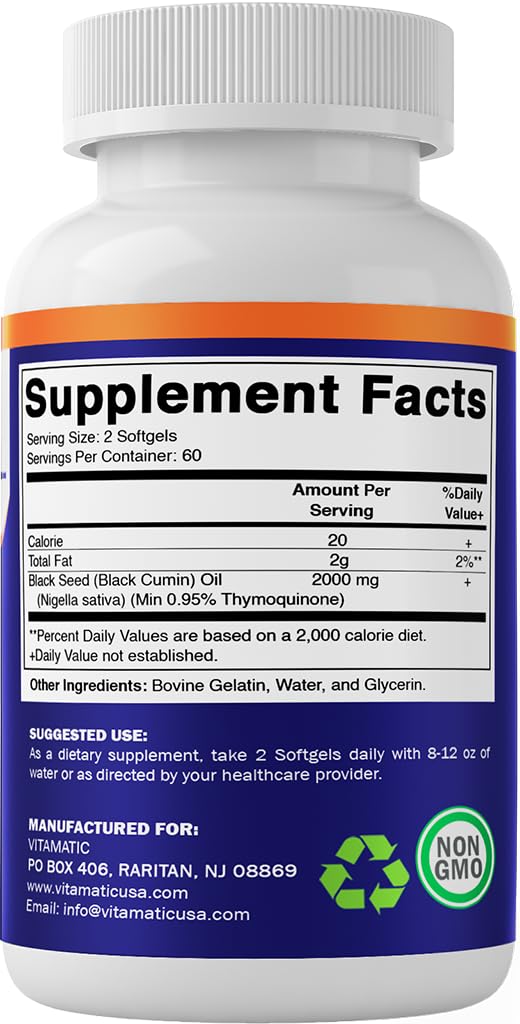 Vitamatic Black Seed Oil Capsules - 2000 mg per Serving - 120 Softgels - Cold Pressed - Contains Min 0.95% Thymoquinone - Supports Healthy Immune Response - Made in The USA