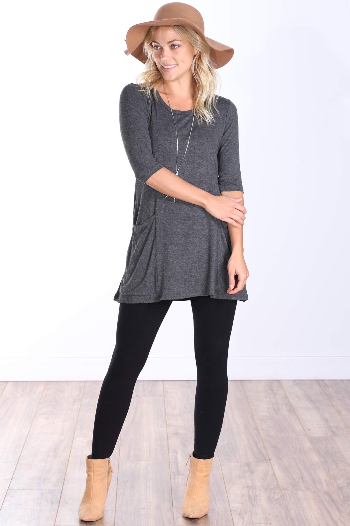 Popana Womens 3/4 Sleeve Tunic Top With Pockets for Leggings Made In USA Charcoal