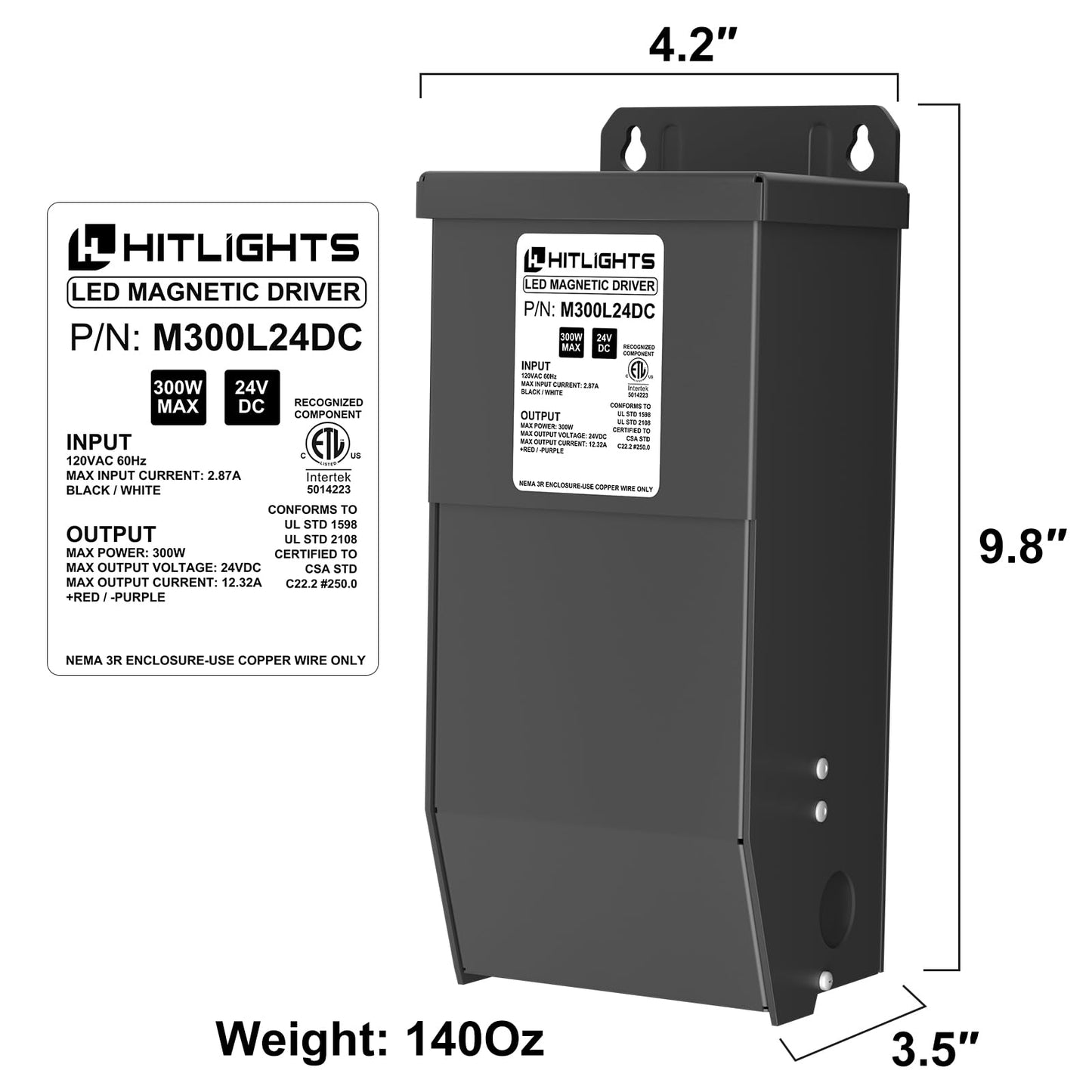 HitLights 300 Watt Dimmable Driver, Magnetic LED Driver - 110V AC-24V DC Transformer. Made in The USA. Compatible with Leviton for LED Strip Lights, Constant Voltage LED Products