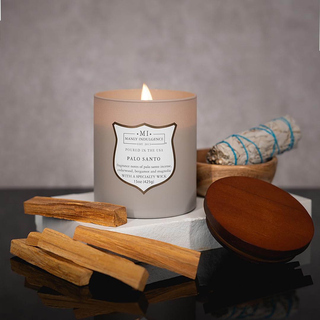 Manly Indulgence Palo Santo Scented Candles for Men, 15 oz Wooden Wick, Fathers Day Candle, 60H Burn, Candles for Home Scented - Made in The USA