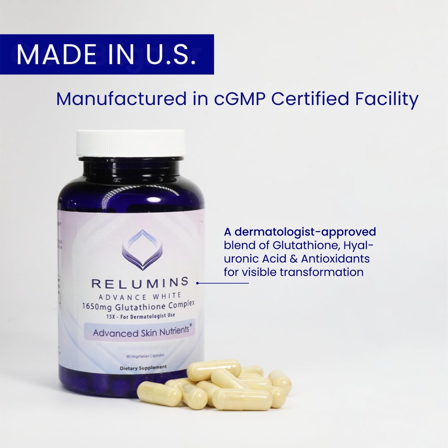 Relumins L-Glutathione Complex 1650mg - Antioxidant Support with Alpha Lipoic Acid, NAC, L-Methionine, Vitamin E - Halal & cGMP Certified, Skin Health Supplement - 90 Vegetarian Capsules
