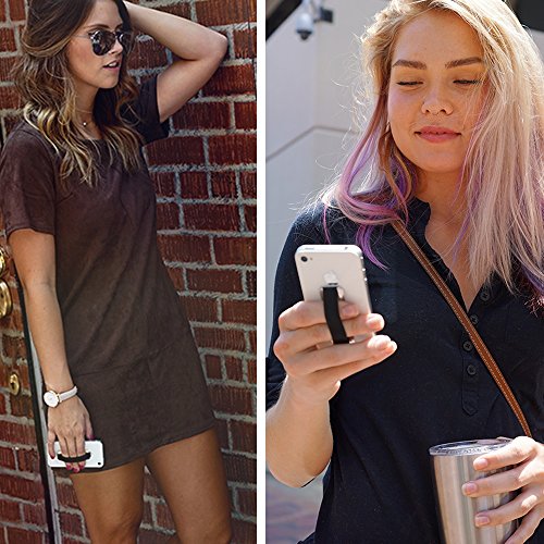 LOVEHANDLE Universal Phone Grip for Smartphones & Mini Tablets - Phone Holder for Hand - Wireless Charging Compatible - Made in The USA - Black Elastic Strap with Gold Base