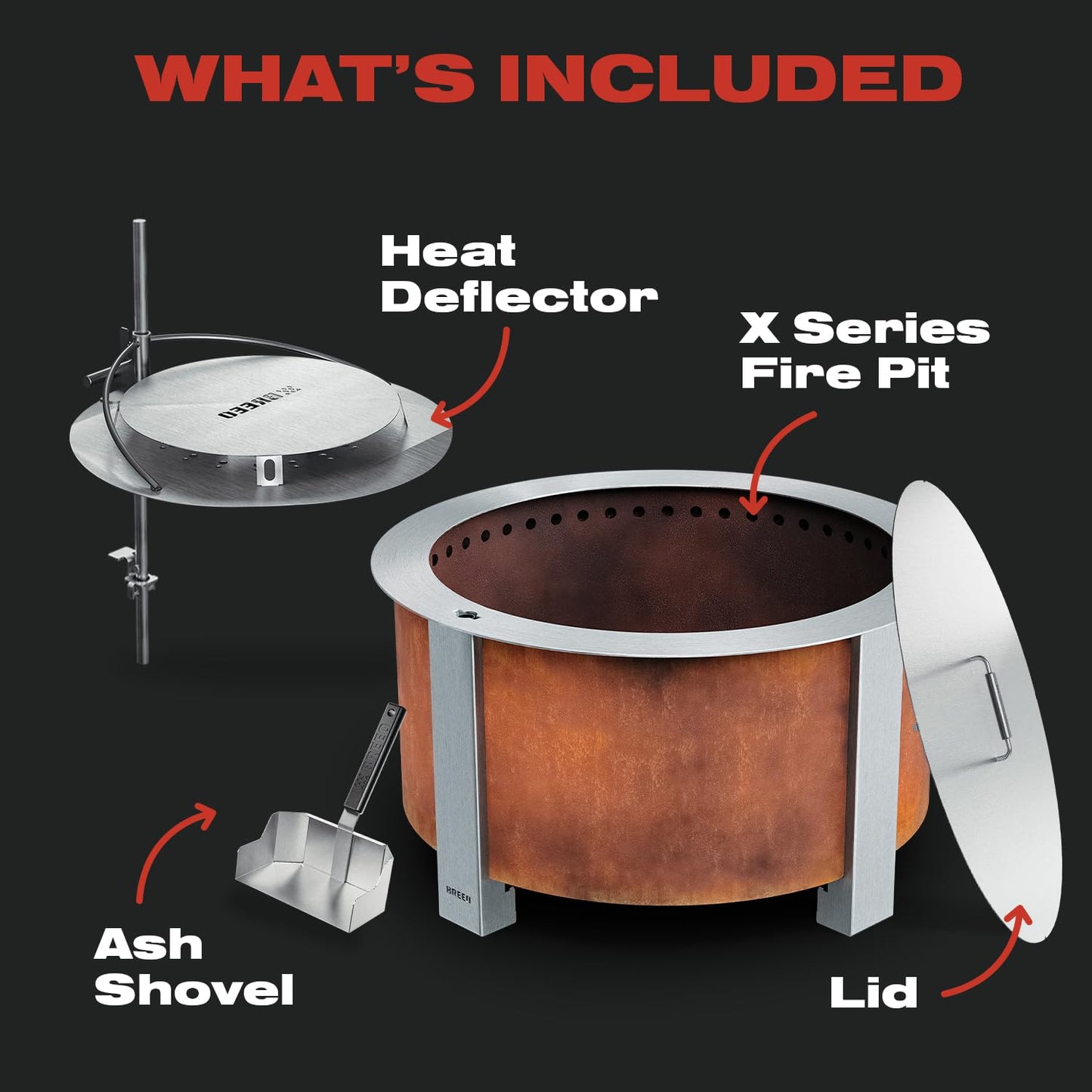 Breeo Smokeless FIrePit Warmth Bundle (X Series 24 Corten Steel, Heat Deflector, Ash Shovel, & Lid) | 27.5 inch Smokeless Fire Pit for Outside | Ideal for Families