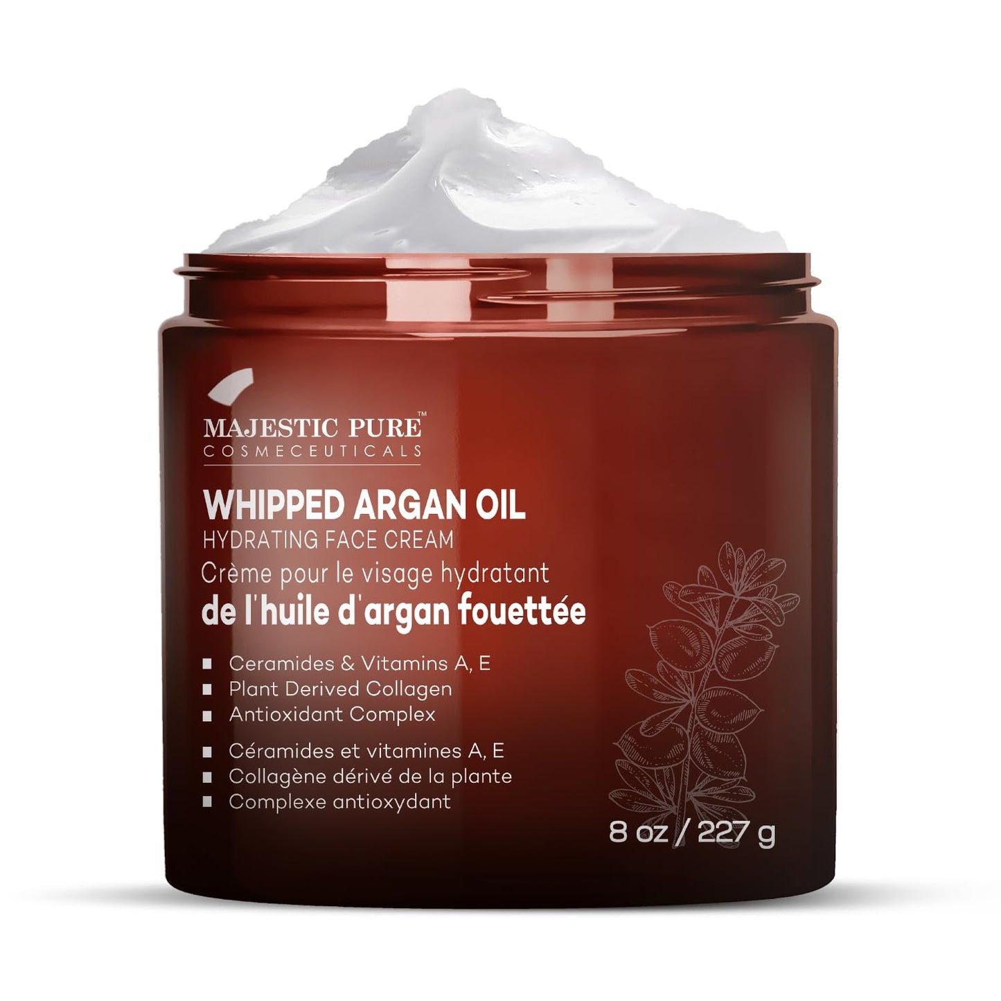 Majestic Pure Whipped Argan Oil Moisturizer Face Cream for Women & Men - With Vitamin E A, Collagen & Ceramides - Hydrates Dry Skin, Oily Skin, Reduces Appearance of Fine Lines – 8oz