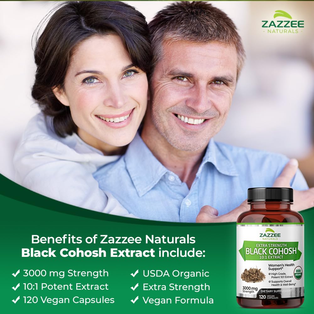 Zazzee USDA Organic Black Cohosh 10:1 Extract, 3000 mg Strength, 120 Vegan Capsules, 4 Month Supply, Standardized and Concentrated 10X Extract, 100% Vegetarian, All-Natural, Non-GMO, Made in The USA