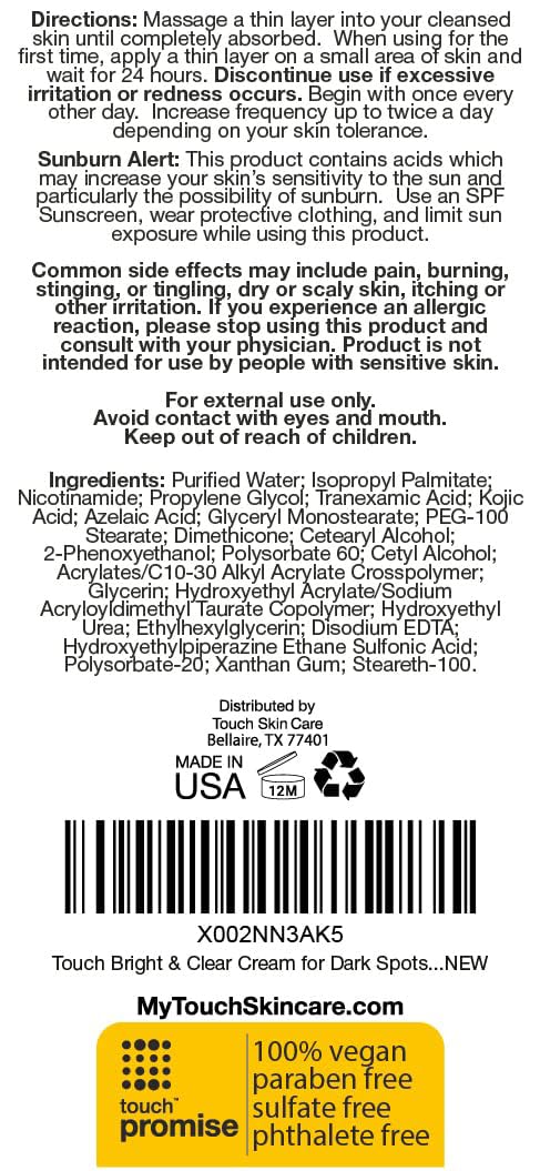 TOUCH Radiance Cream with Niacinamide, Kojic Acid, Tranexamic Acid & Azelaic Acid – Brightening Face Cream for Uneven Skin Tone – 2 oz