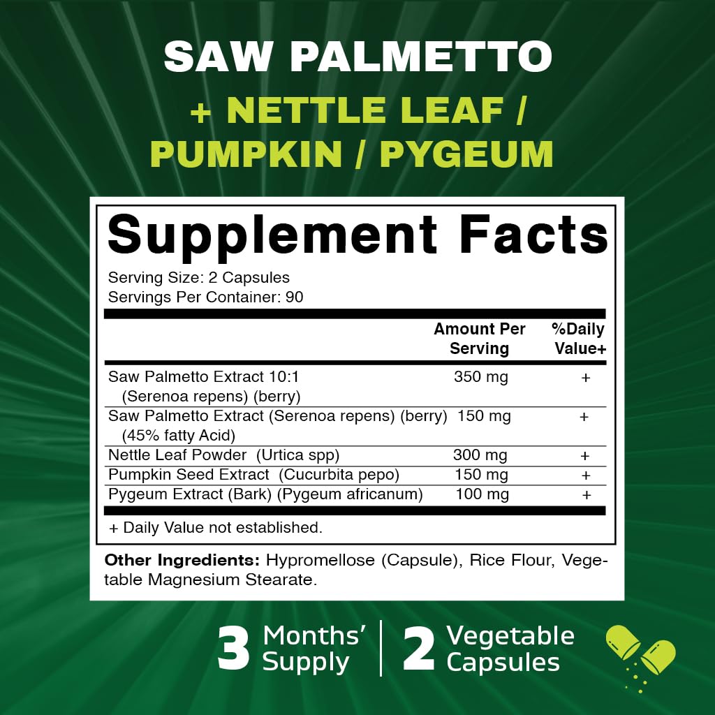 Vitamatic Saw Palmetto Extract for Men & Women 180 Veg Capsules - Made with Pumpkin Seed, Pygeum, Nettle Leaf - Made in The USA - Promotes Healthy Prostate Function