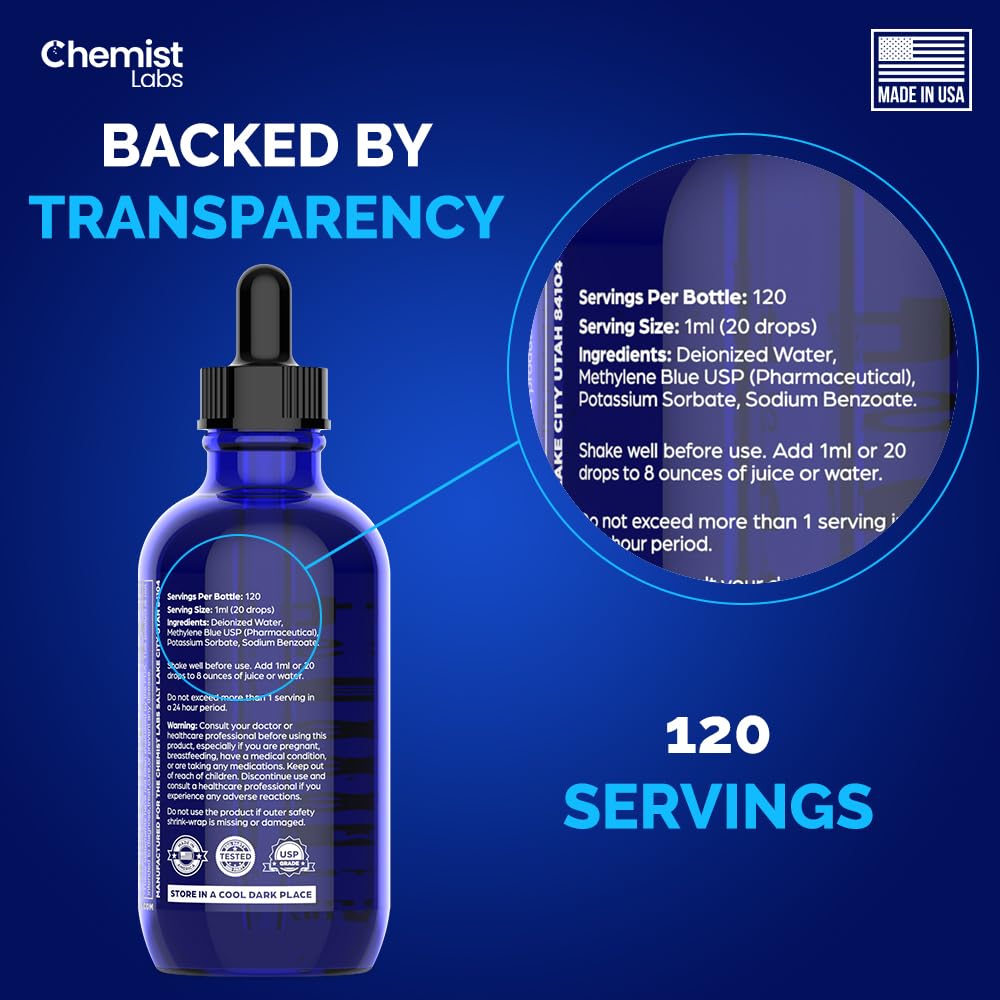 Chemist Labs Methylene Blue – 1% Solution | 99.99% USP-Grade Liquid Drops – Antioxidant for Mitochondrial & Cellular Support – 4oz (120ml) – Formaldehyde-Free – Made in USA
