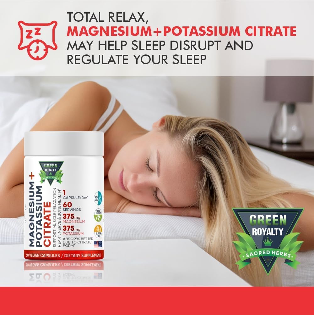 Magnesium Citrate + Potassium 60 Premium Vegan Capsules(Citrate 375 mg) + (375mg Potassium) Non GMO, Gluten Free - High Absorption Supplement Made in USA