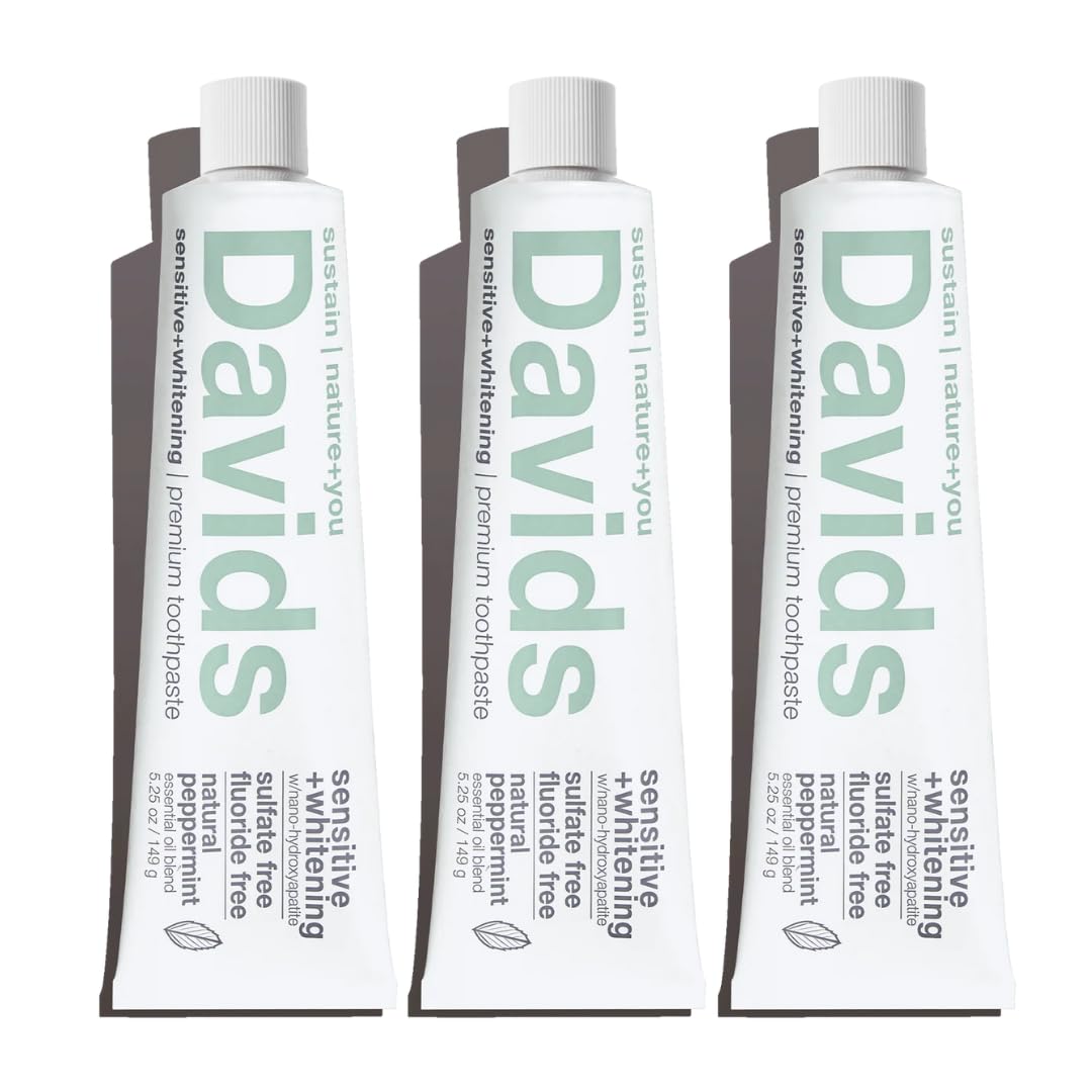 Davids Hydroxi™ Fluoride Free Nano Hydroxyapatite Toothpaste for Remineralizing Enamel & Sensitive Relief, Whitening, Antiplaque, SLS Free, Natural Peppermint, 5.25oz, Made in USA (3 Pack)