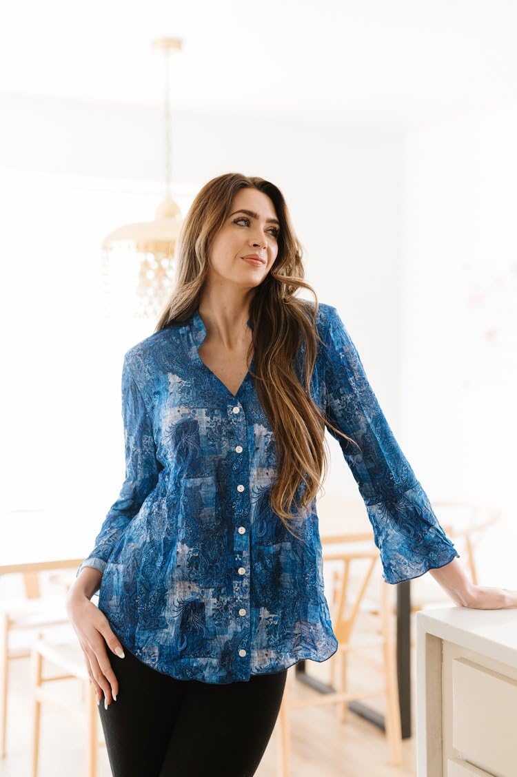SNO SKINS Spring/Summer Collection Designer Print Crinkle Sweetheart Top with Stand Collar (Denim Love)