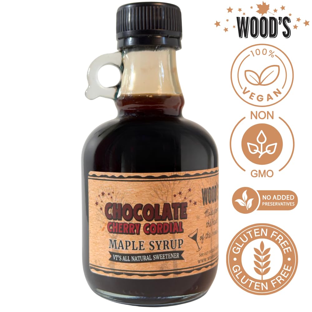 WOOD'S Chocolate Cherry Cordial Infused Maple Syrup – Decadent Vermont Maple Syrup with Dark Cocoa & Succulent Cherries | Small-Batch, All-Natural, Vegan-Friendly Syrup for Breakfast, Desserts & Cocktails | 8.45 Fl Oz
