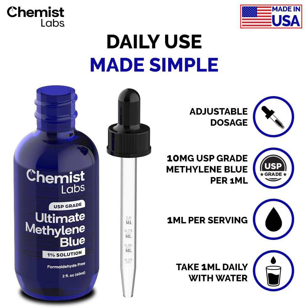 Chemist Labs Methylene Blue Drops Pharmaceutical Grade - 99% Purity USP Grade, Blue Methylene, Cellular & Mitochondrial Support, Third-Party Tested, Made in USA, 2oz