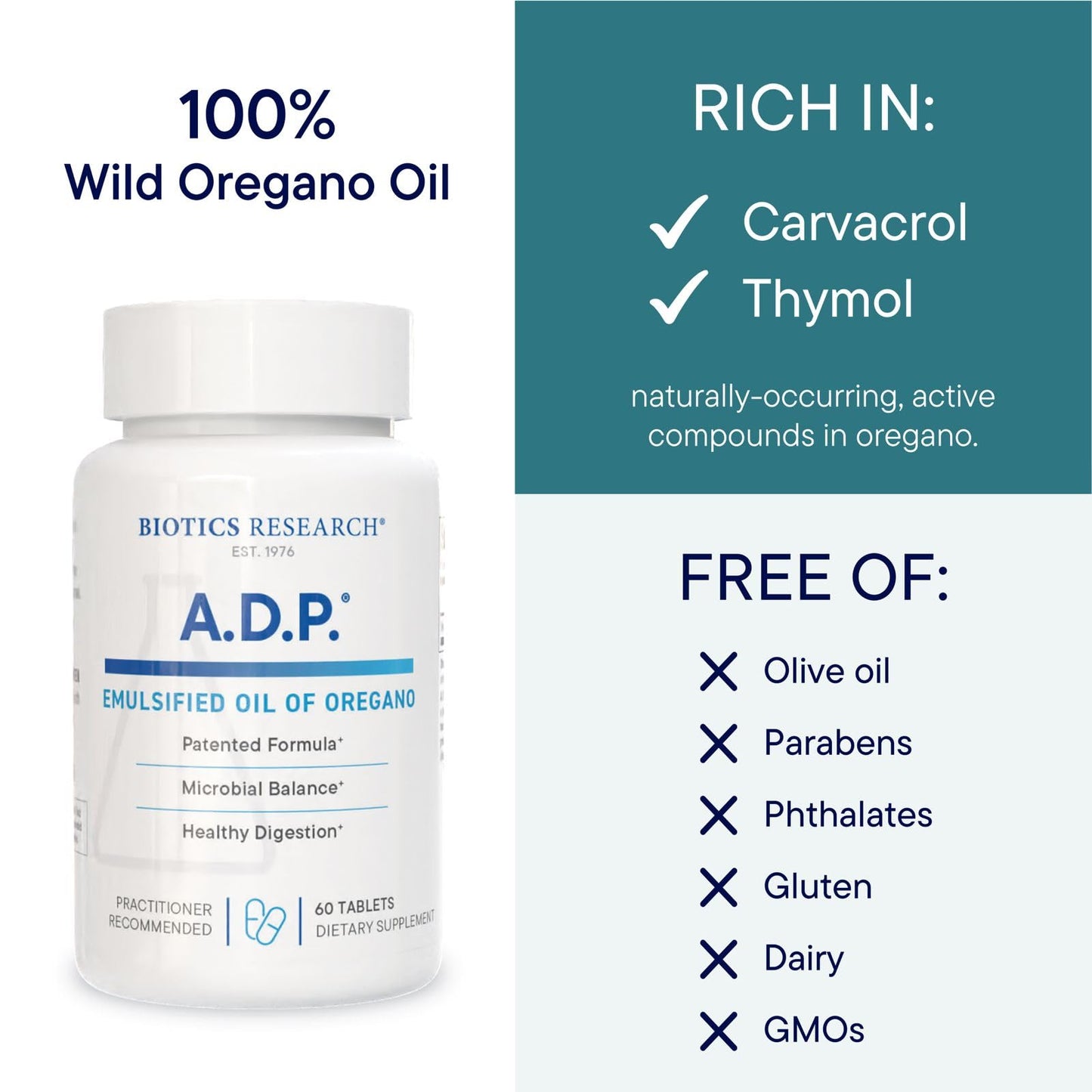 Biotics Research A.D.P. Emulsified Oil of Oregano Tablets for GI Health -Sustained Release for High Absorption Contains Carvacrol, Wild Oregano Oil 50mg/S - Patented Formula -Non GMO –60 Tablets