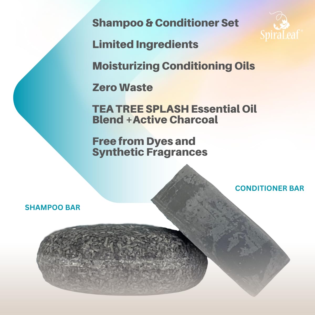 SPIRALEAF Solid Shampoo Bar & Conditioner Bar Set, TEA TREE SPLASH Essential Oil Blend, Limited Ingredients, Concentrated Formula, Fragrance-Free, Dye-Free, Premium Hair Care and Shave Bars