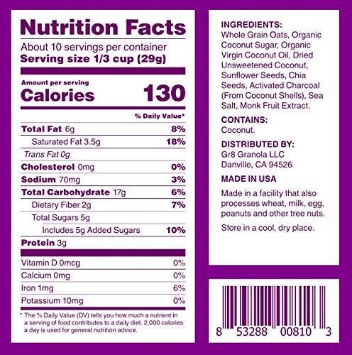 gr8nola BLACK COCO (CHARCOAL) CHIA - Healthy, Low Sugar, Vegan Granola Cereal - Made with Superfoods Chia Seeds and Activated Charcoal, Soy Free, Dairy Free and No Refined Sugar - 10oz Resealable Bag