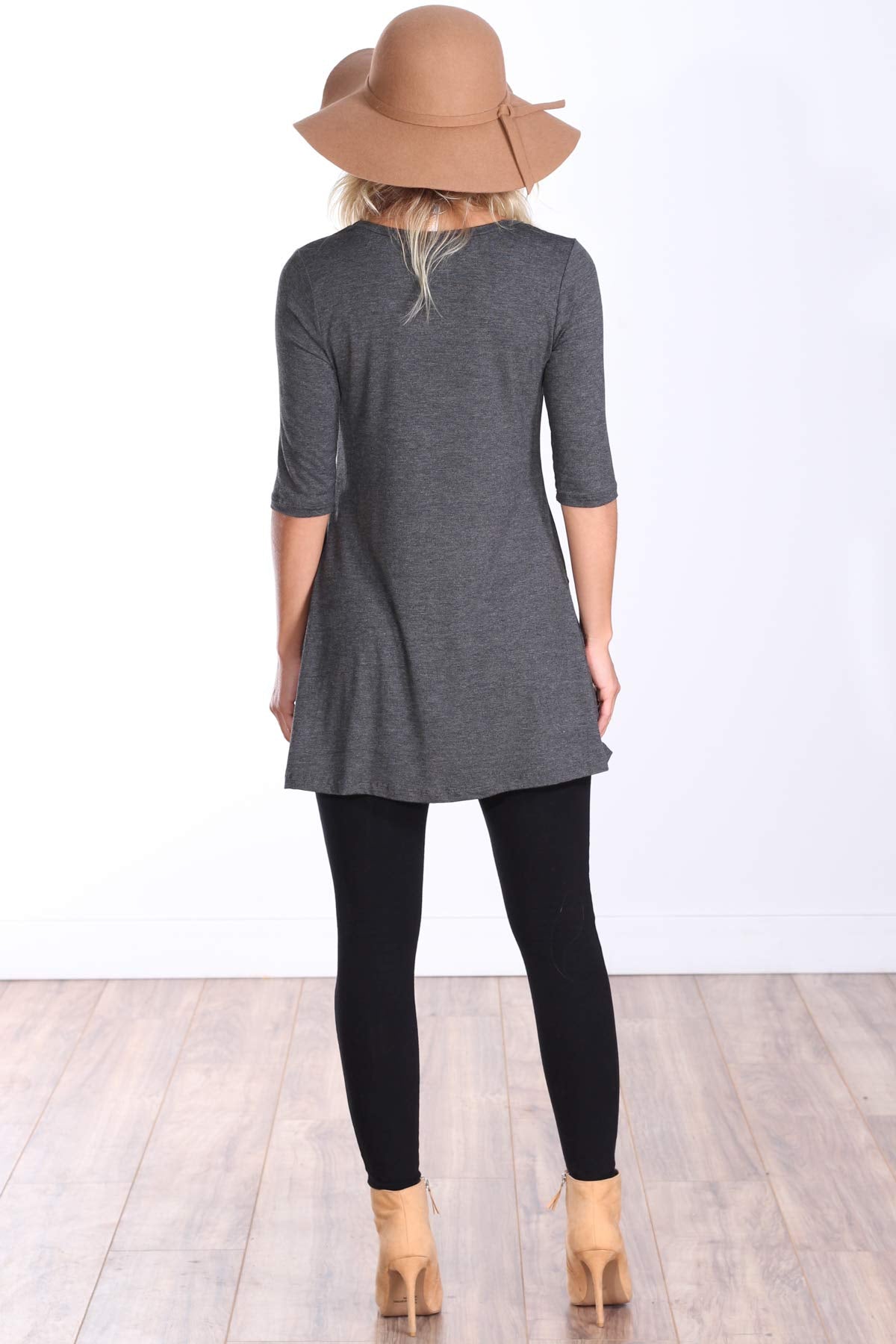 Popana Womens 3/4 Sleeve Tunic Top With Pockets for Leggings Made In USA Charcoal