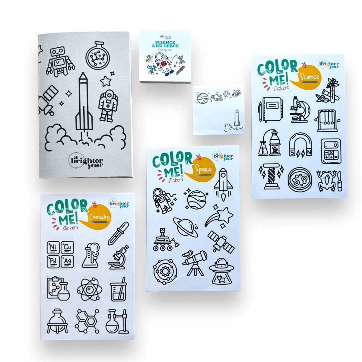 A Brighter Year Large Space Edition Bundle - Adult Mini Coloring Book (3" x 3", 50 Pages), Lined Notebook, Post It Notes (25-3” x 3”), & Stickers - Stress & Anxiety Relief - for Relaxation, Gift