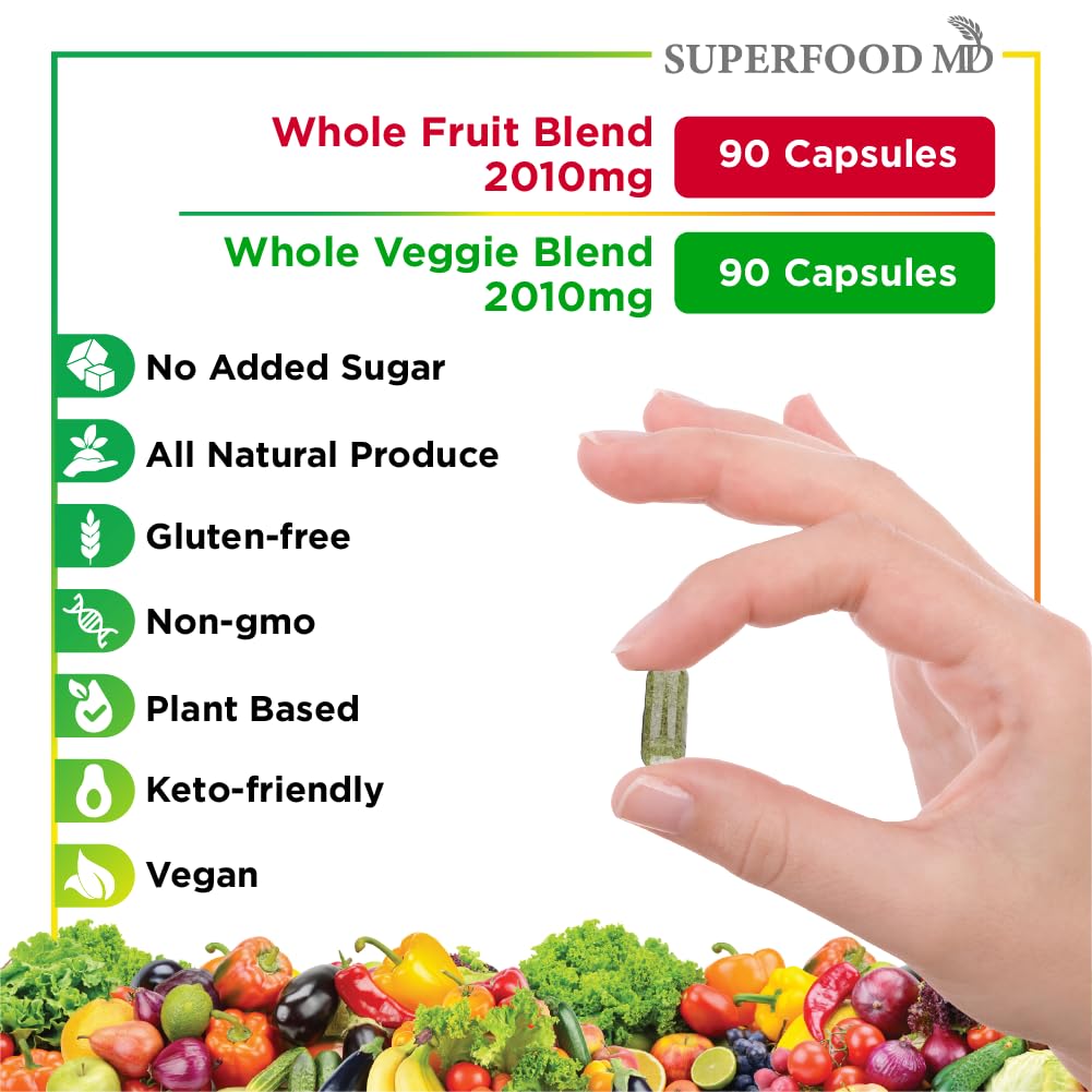 Superfood 180 Fruit and 180 Veggie Capsules -100% Whole Natural Superfood - Maintain Energy Levels, High Lycopene - Grown and Made in The USA (90 Count (Pack of 4)