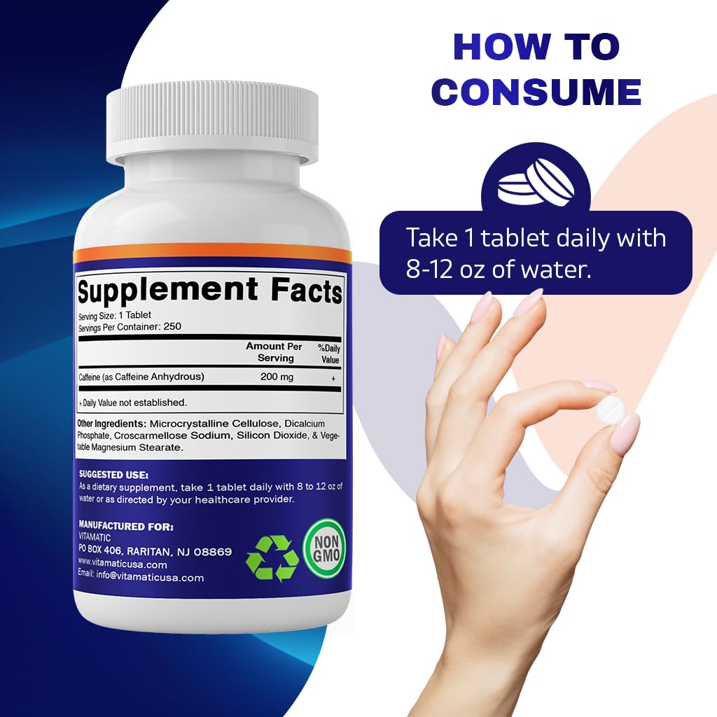 Vitamatic Caffeine Pills 200mg per Serving, 250 Vegetarian Tablets
