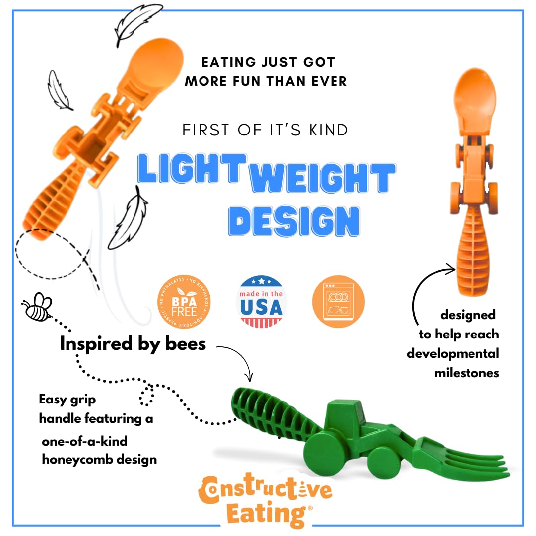 Constructive Eating - Toddler Utensils Made in USA, Dishwasher Safe, BPA Free, Easy Grip Handle, Silverware for Toddlers, Utensils for Kids, Toddler Fork and Spoon
