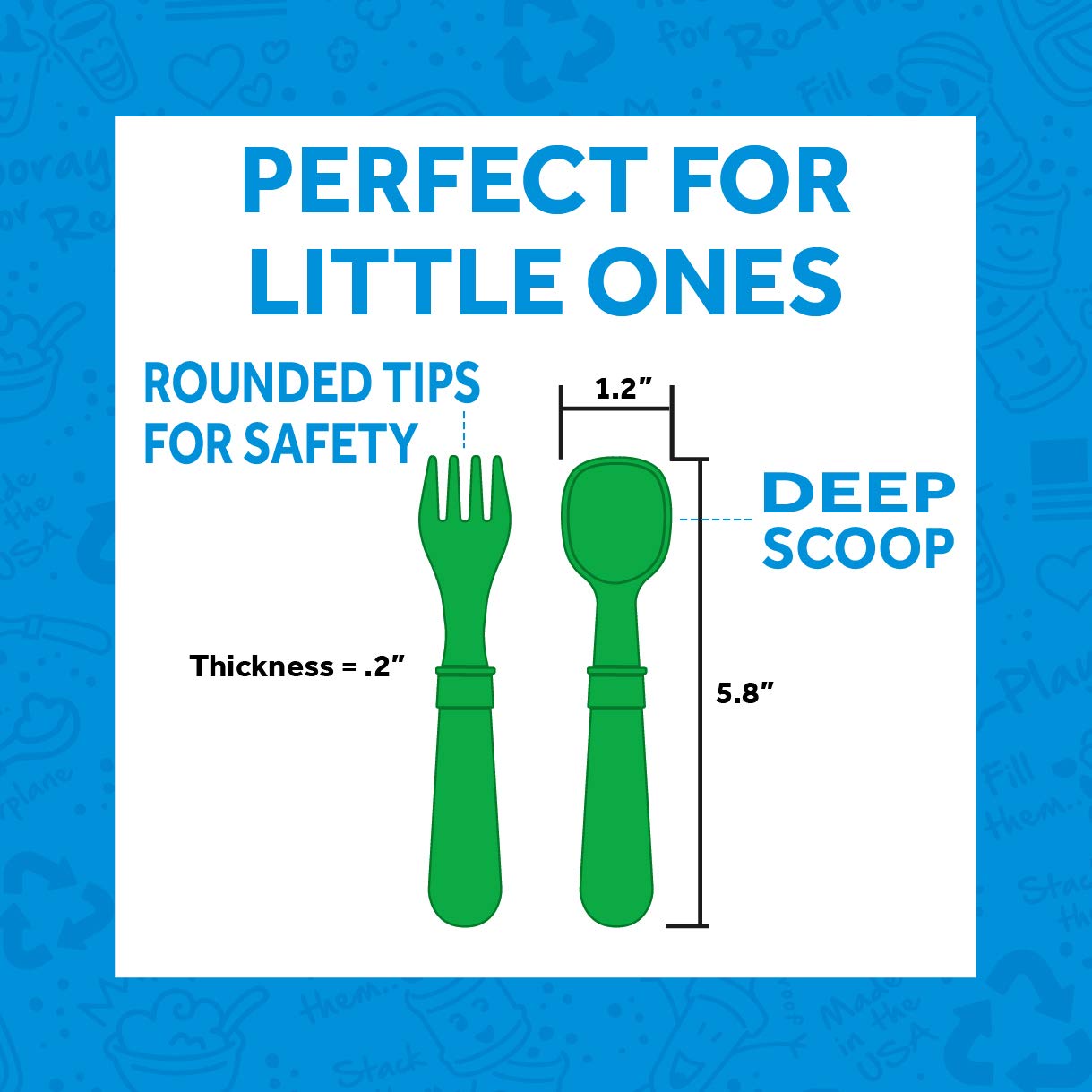 Re-Play Toddler Forks and Spoons Set - 4x4 Toddler Utensils Set - Dishwasher and Microwave Safe - Made in USA - Set of 8-5.8" x 1.2" x 0.2" - Aqua Asst
