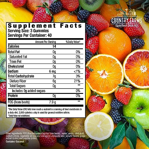 Country Farms Fiber Care Prebiotic Gummies, 6g of Fiber Per Serving, GLP-1 Booster, FOS from Beets, Digestive Health, Supports Regularity, Mixed Fruit Flavor, 120 Gummies, 40 Servings