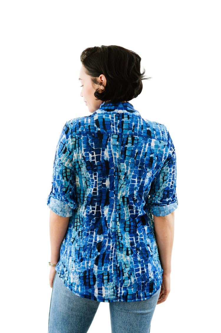 SNO SKINS Spring/Summer Collection Designer Print Crinkle Button-Down Shirt with Tab Sleeves (Wavy Tiles)
