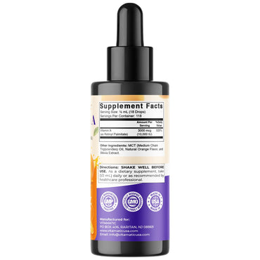 Vitamatic Sugar Free Vitamin A Liquid Drops 10000 IU (3000 mcg) as Retinyl Palmitate - Approximate 4 Months Supply - Immune Support, Eye Health, Skin Health - 2 FL OZ (59 ml)