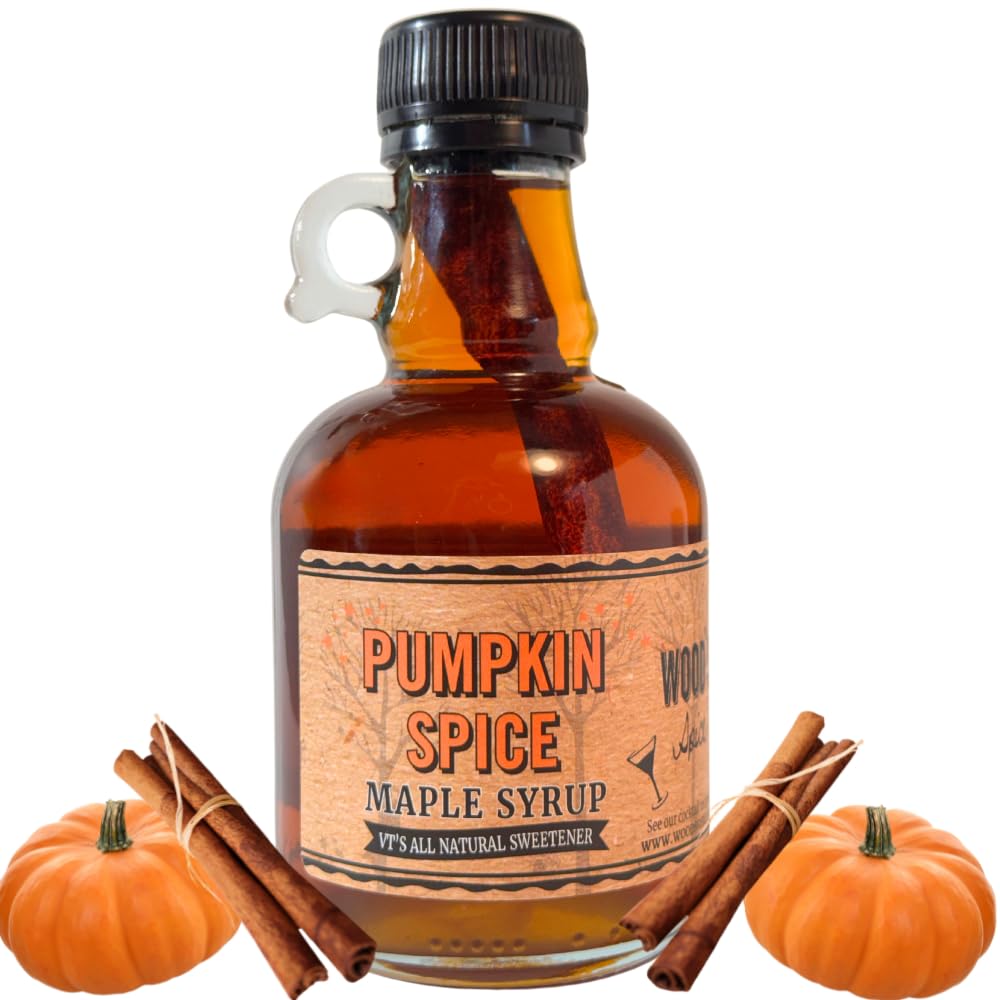WOOD'S Pumpkin Spice Maple Syrup – Small-Batch Vermont Maple Syrup Infused with Cozy Fall Spices | Natural, Vegan Sweetener for Coffee, Pancakes, Baking & More | 8.45 Fl Oz (250mL)