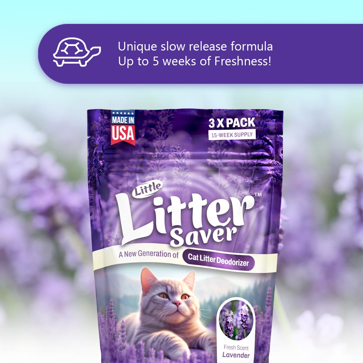 LITTLE SAVER Little Litter Saver | a New Generation Of Cat Litter Box Deodorizer | Unique Slow Release Formula | Natural Fresh Scent | Up to 15 Weeks Supply | 3 x 0.5oz bags (Lavender)