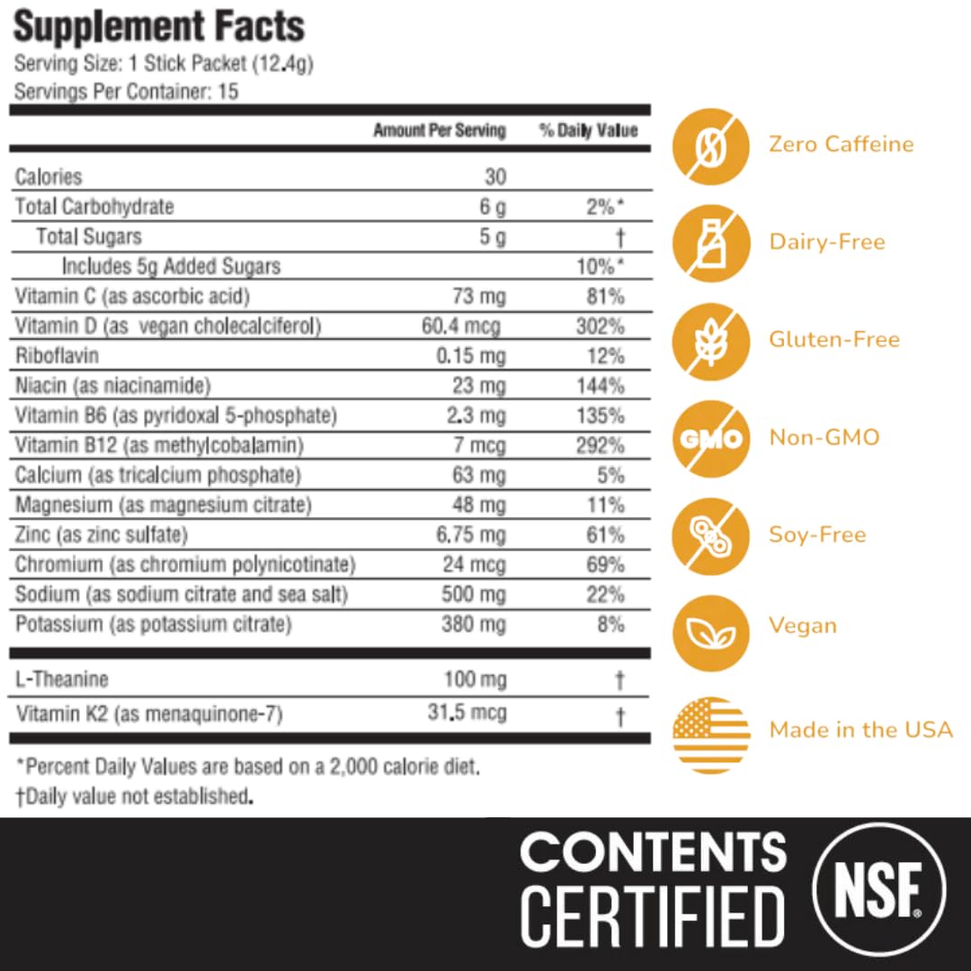 Hyburst Electrolyte & Vitamin Supplement Powder, Drink Mix with B12, L-Theanine, D3, K2, Zinc, Magnesium, Potassium, Supports Calm Focus & Energy, Peach Mango, 15 Pack