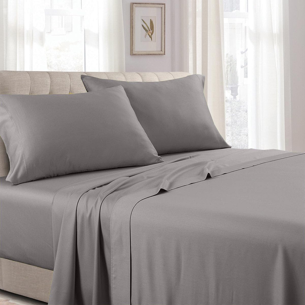 Royal Hotel Bedding Low Profile Sheets Made in USA - 250-Thread-Count 3pc Twin Bed Sheet Set 100% Cotton, Sateen Solid, Low Profile Fitted Sheet, Twin Gray Sheet Set