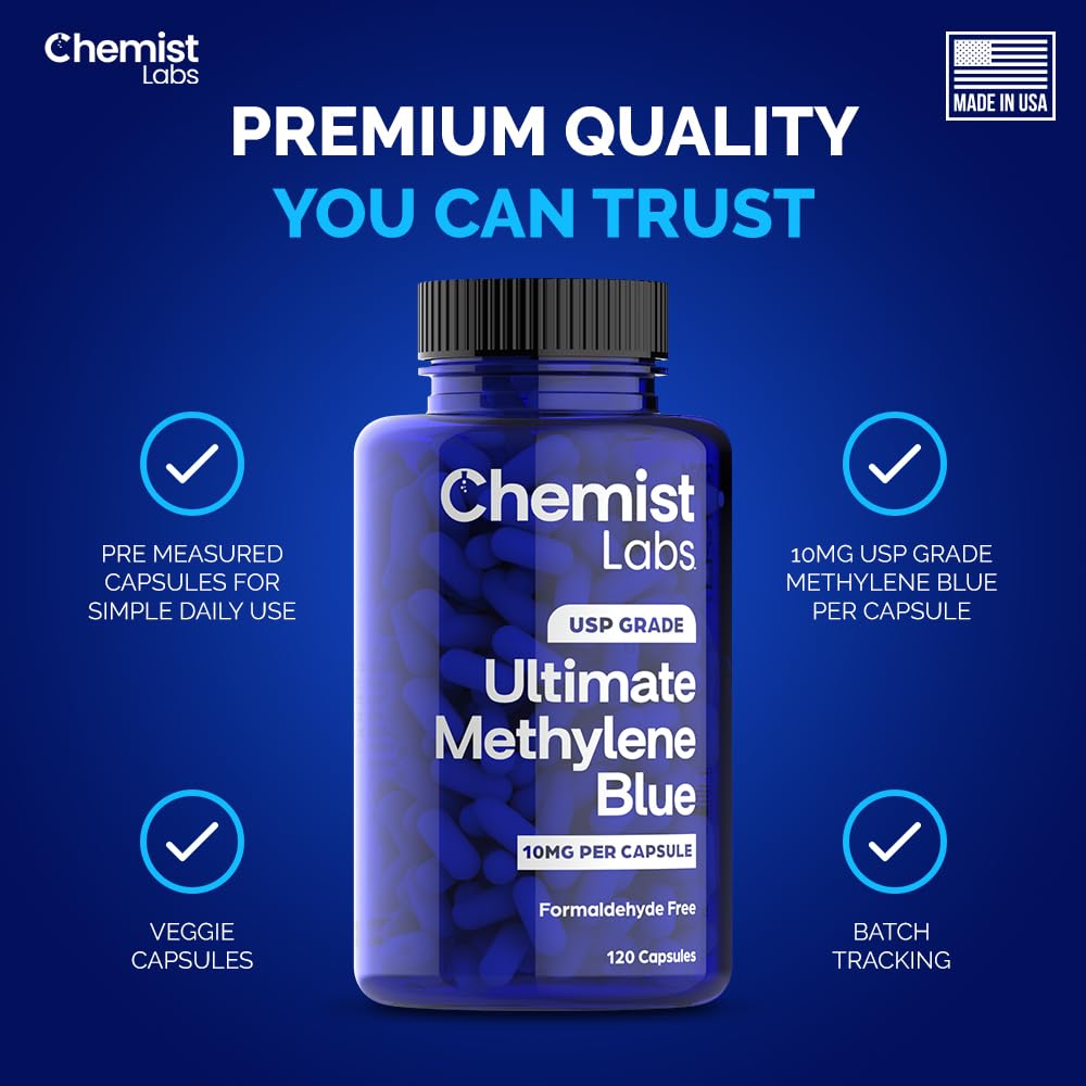 Chemist Labs Methylene Blue | 10mg USP Grade Capsules | 120 Count | Pharmaceutical Grade | Cellular & Mitochondrial Support | Formaldehyde Free | Made in USA (120 Capsules)
