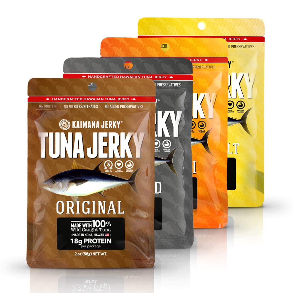 Kaimana Ahi Tuna Fish Jerky - Premium Protein & Rich In Omega-3's - All Natural & Wild Caught Tuna Jerky. Made in Hawaii, USA. (4 Pack, Variety Bundle)