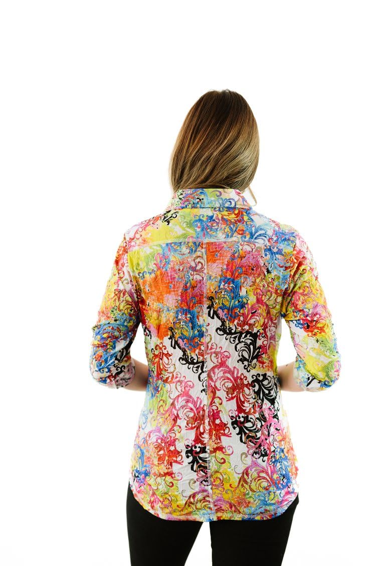 SNO SKINS Spring/Summer Collection Designer Print Crinkle Button-Down Shirt (Antiquity)