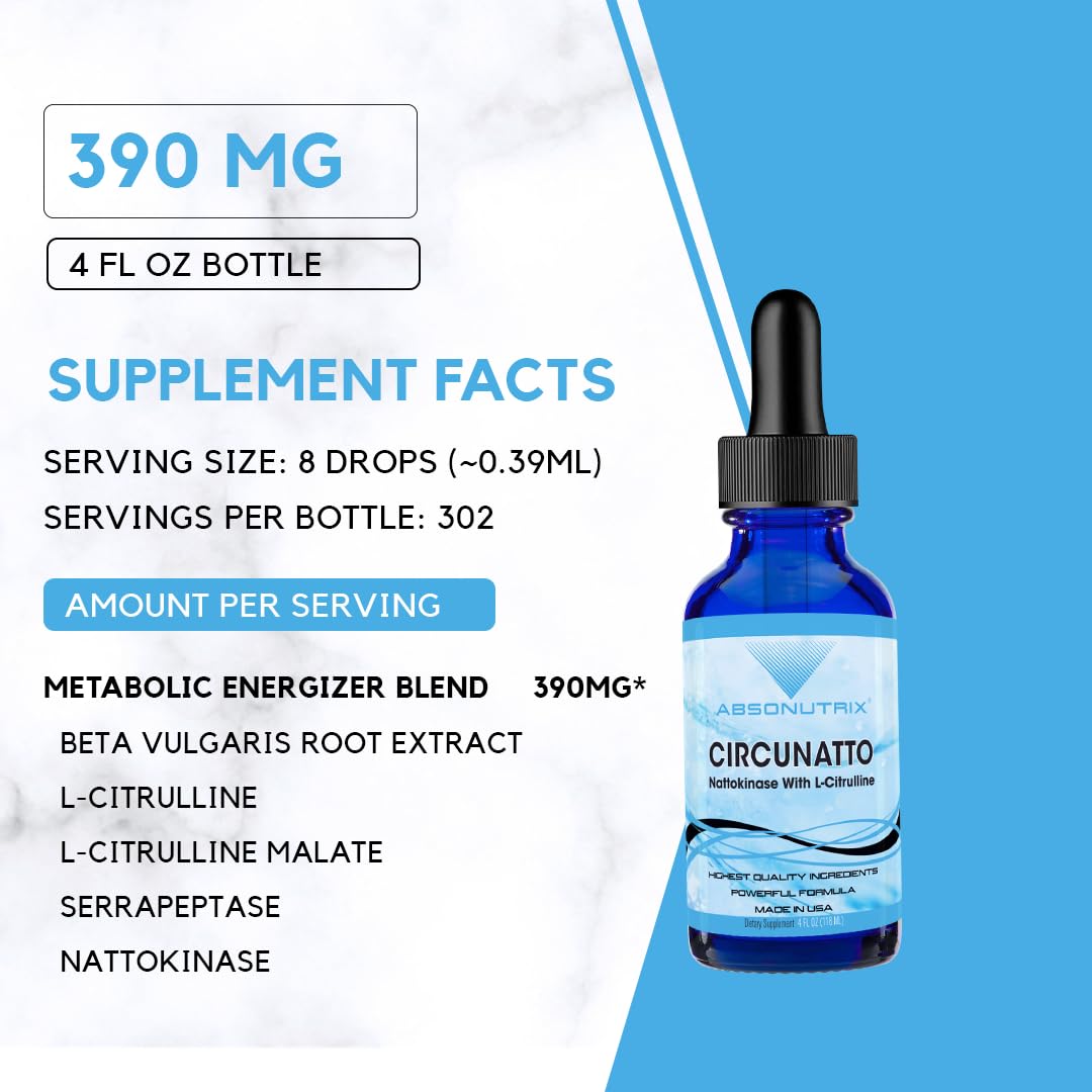 Absonutrix CircuNatto, 390 mg, 4 FL OZ Liquid, 302 Servings, Made in USA, Plant-Based Ingredients, Beta Vulgaris Root Extract, L-Citrulline, Serrapeptase, Gluten-Free, Non-GMO, GMP Certified