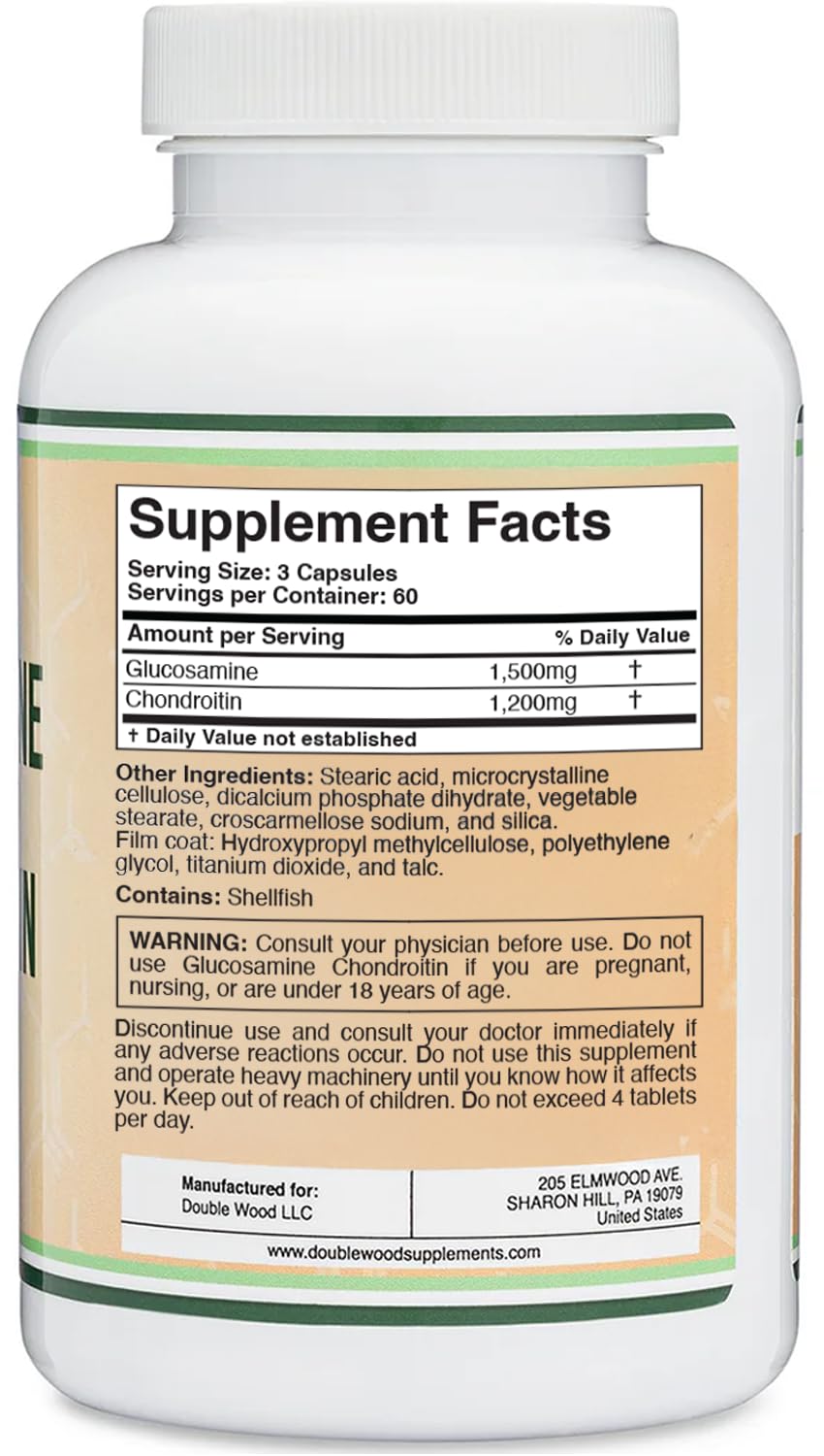 Glucosamine Chondroitin Triple Strength (1,500mg Glucosamine Sulfate, 1,200mg Chondroitin) 180 Tablets, Two Month Supply (Joint Support Supplement) Gluten Free, Non-GMO by Double Wood