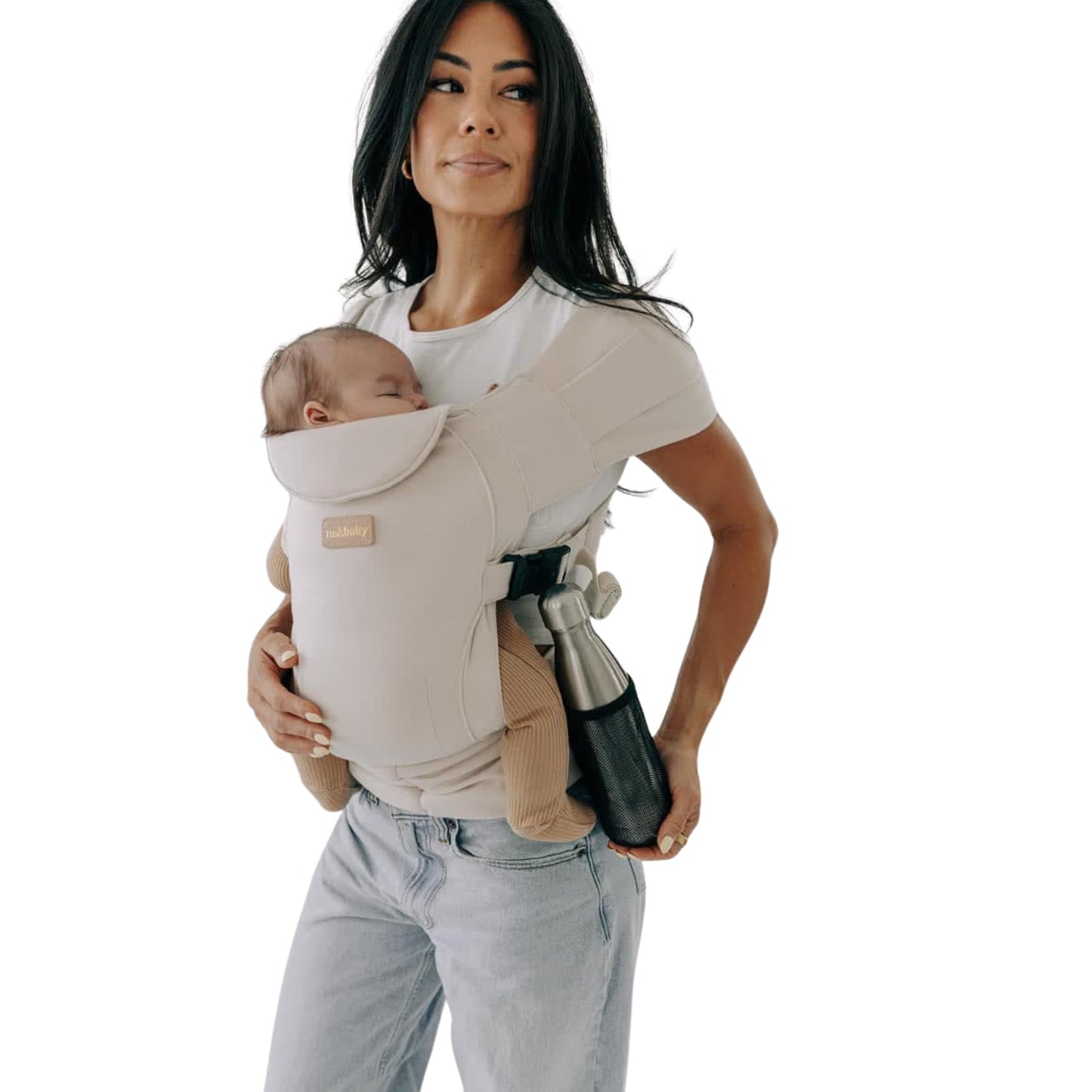 Tushbaby Pearl Newborn Carrier – Ergonomic Wrap for Newborns 8-20 lbs – Hands-Free Baby Carrier with Storage, Bottle Holder & Wipe Attachment – Soft, Breathable Fabric & Adjustable Fit - Cream